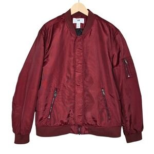 H&M Men's Burgundy Quilted Bomber Flight Jacket Zipper Pockets Maroon Large